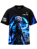 A black short-sleeve t-shirt featuring a large, detailed graphic print of a character from the game Free Fire, with blue energy effects, parachutists, and aircraft on the front, plus 'FREE FIRE' branding on the chest and sleeve.