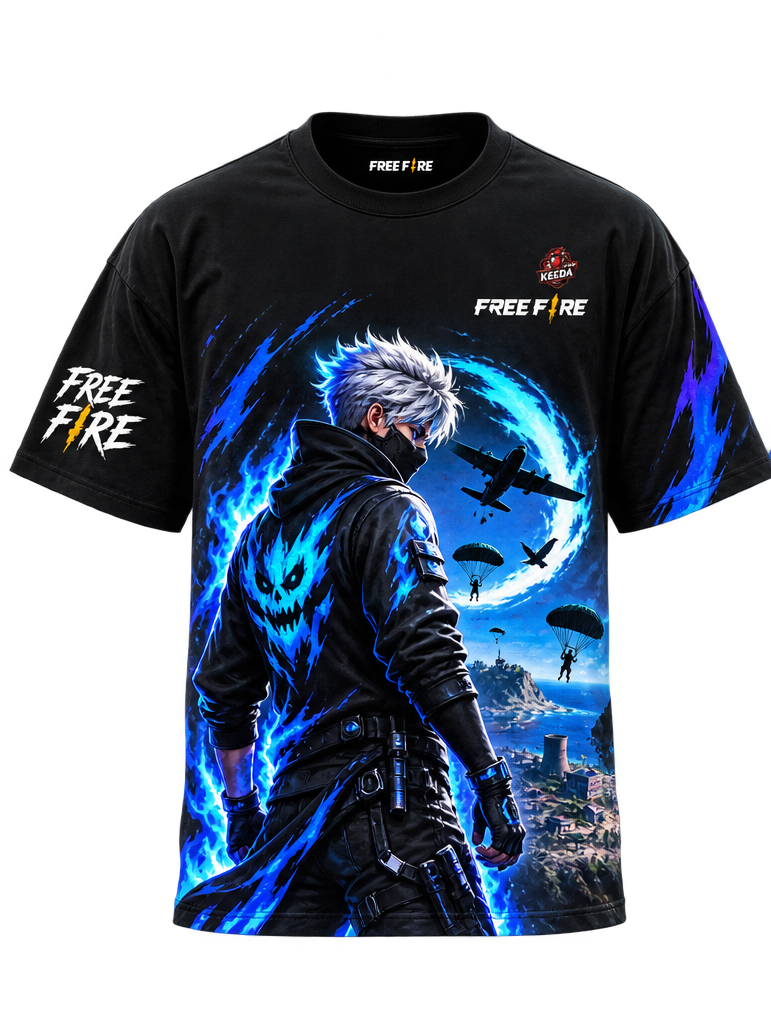 A black short-sleeve t-shirt featuring a large, detailed graphic print of a character from the game Free Fire, with blue energy effects, parachutists, and aircraft on the front, plus 'FREE FIRE' branding on the chest and sleeve.