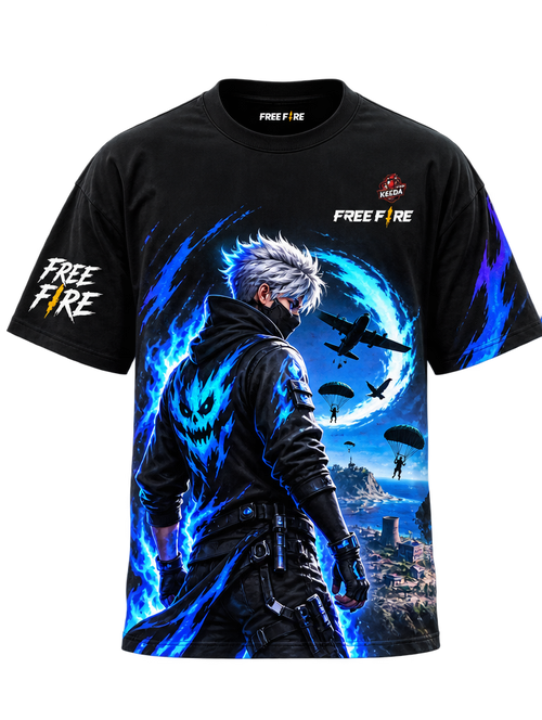 A black short-sleeve t-shirt featuring a large, detailed graphic print of a character from the game Free Fire, with blue energy effects, parachutists, and aircraft on the front, plus 'FREE FIRE' branding on the chest and sleeve.